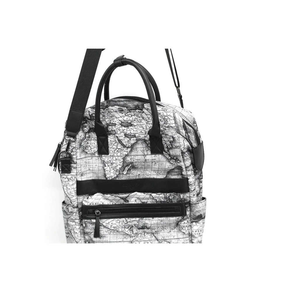 World Map Print Backpack Travel Messenger Bag Black White Cartography Chic Sleek